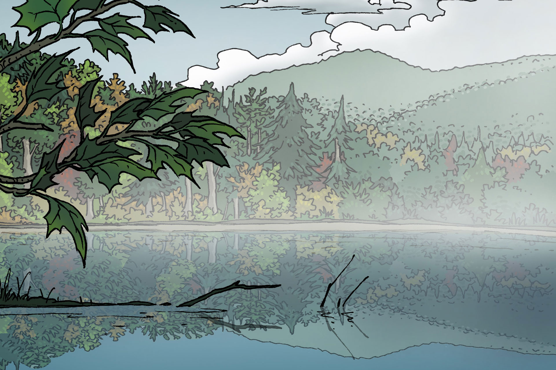 Dessin représentant le lac Hertel entouré de la forêt en début d’automne